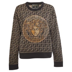 Fendi X Versace Fendace Brown Logo Monogram & Studded Wool Knit Sweatshirt M
