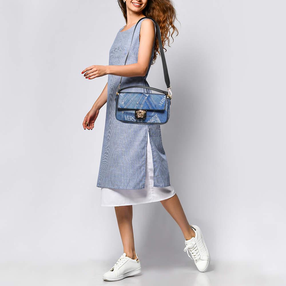 Fendi x Versace Fendace Denim and Leather Fendace Patchwork Baguette Bag In Excellent Condition In Dubai, Al Qouz 2