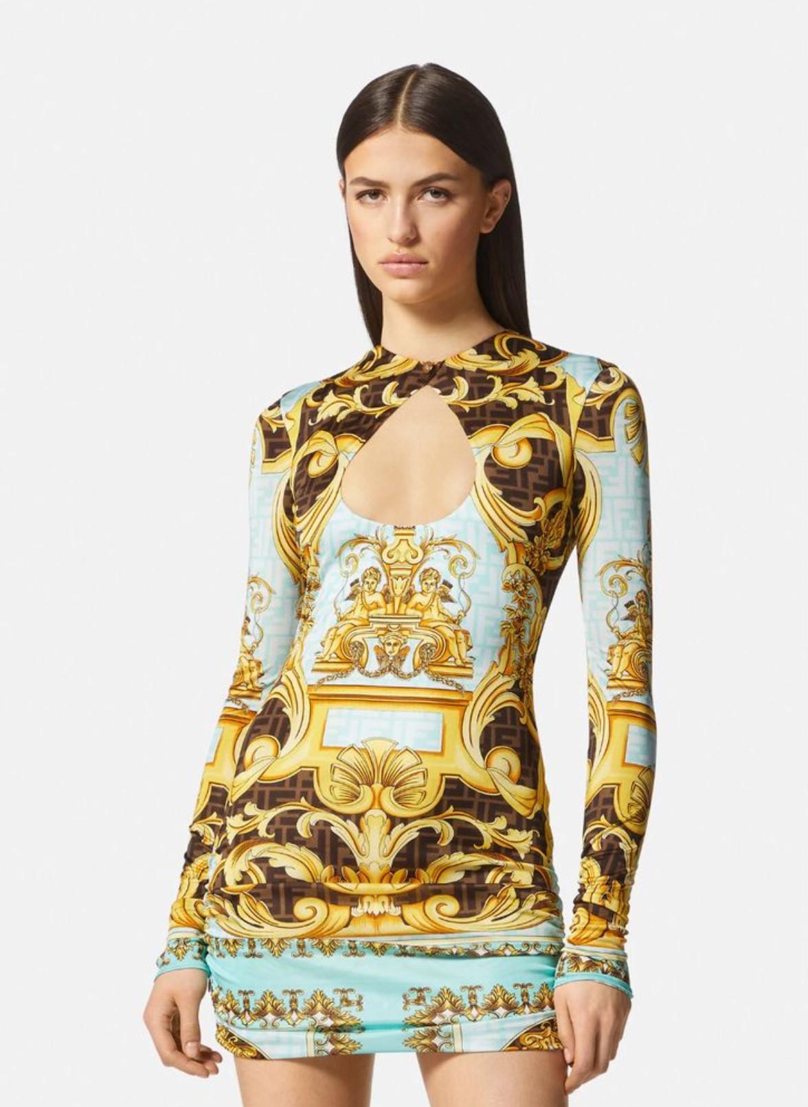 FENDI X Versace Fendace Gold Baroque Mini Dress IT 36 In New Condition For Sale In PUTNEY, NSW