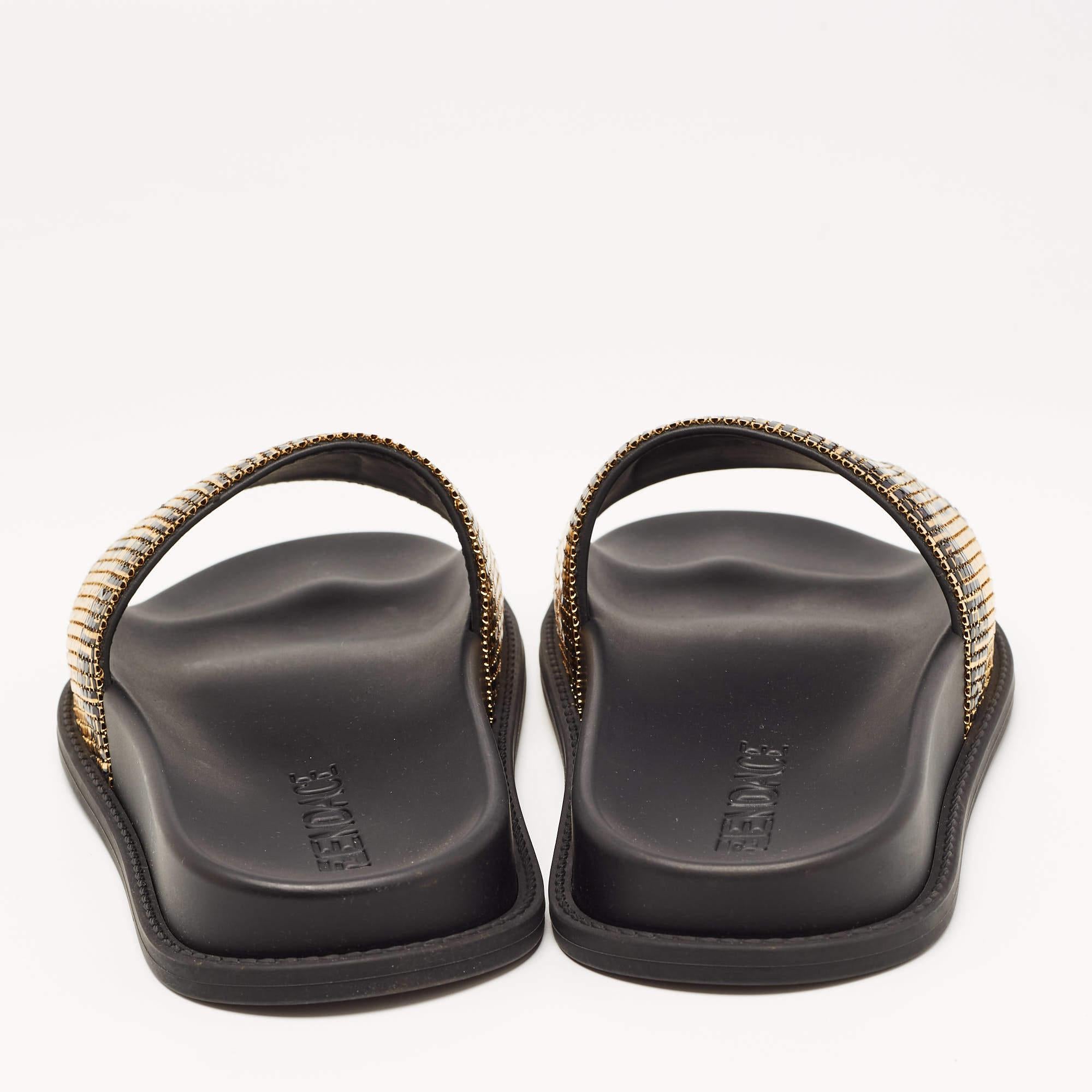 Fendi x Versace Gold/Black Metal and Rubber Flat Slides Size 36 For Sale 6