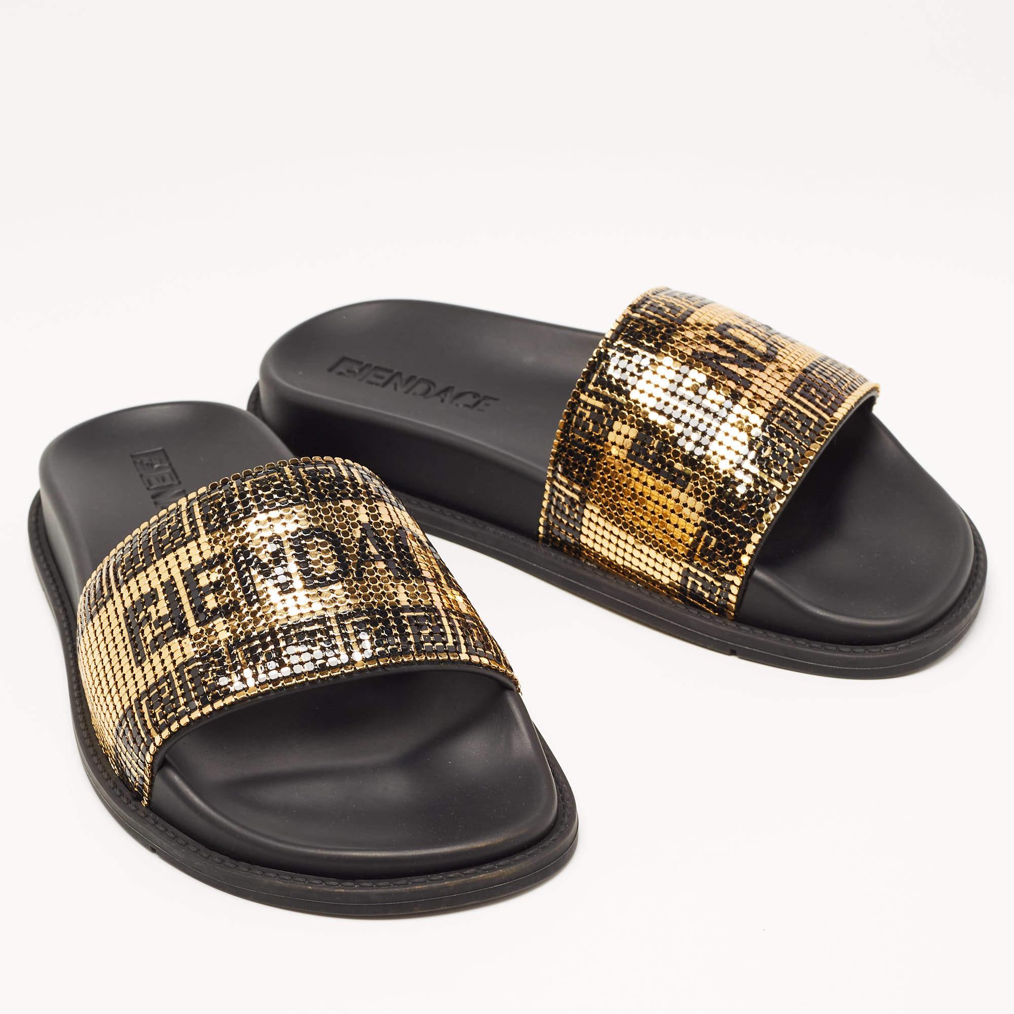 Women's Fendi x Versace Gold/Black Metal and Rubber Flat Slides Size 36 For Sale