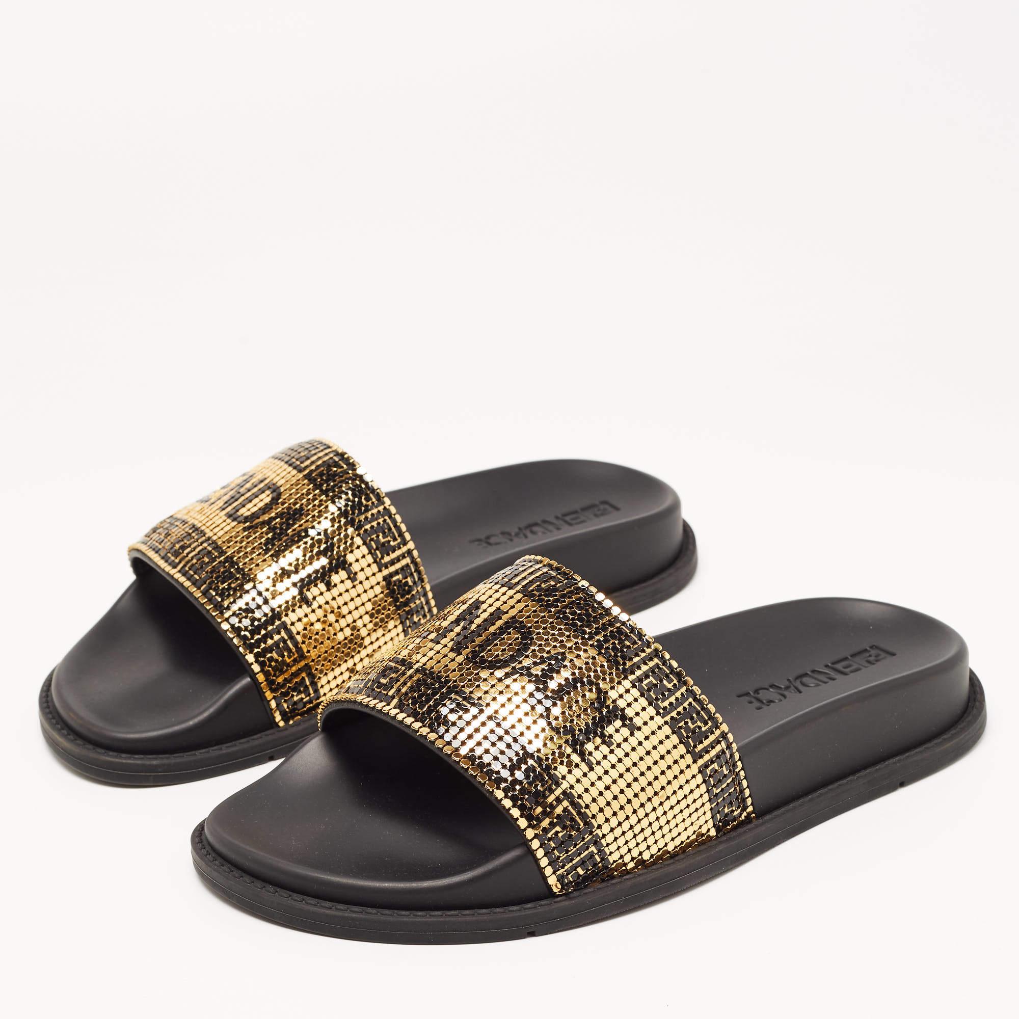 Fendi x Versace Gold/Black Metal and Rubber Flat Slides Size 36 For Sale 1