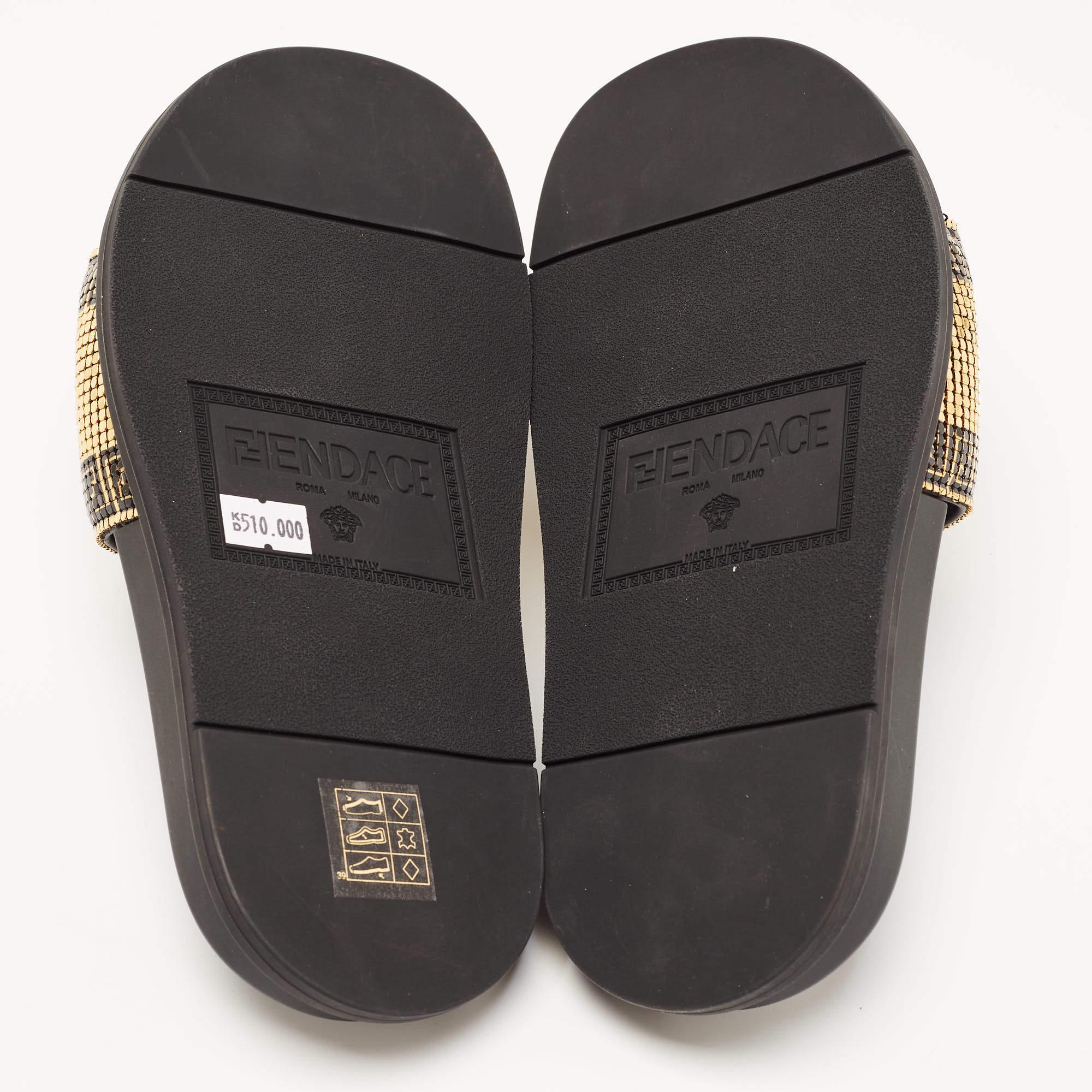 Fendi x Versace Gold/Black Metal and Rubber Flat Slides Size 36 For Sale 5