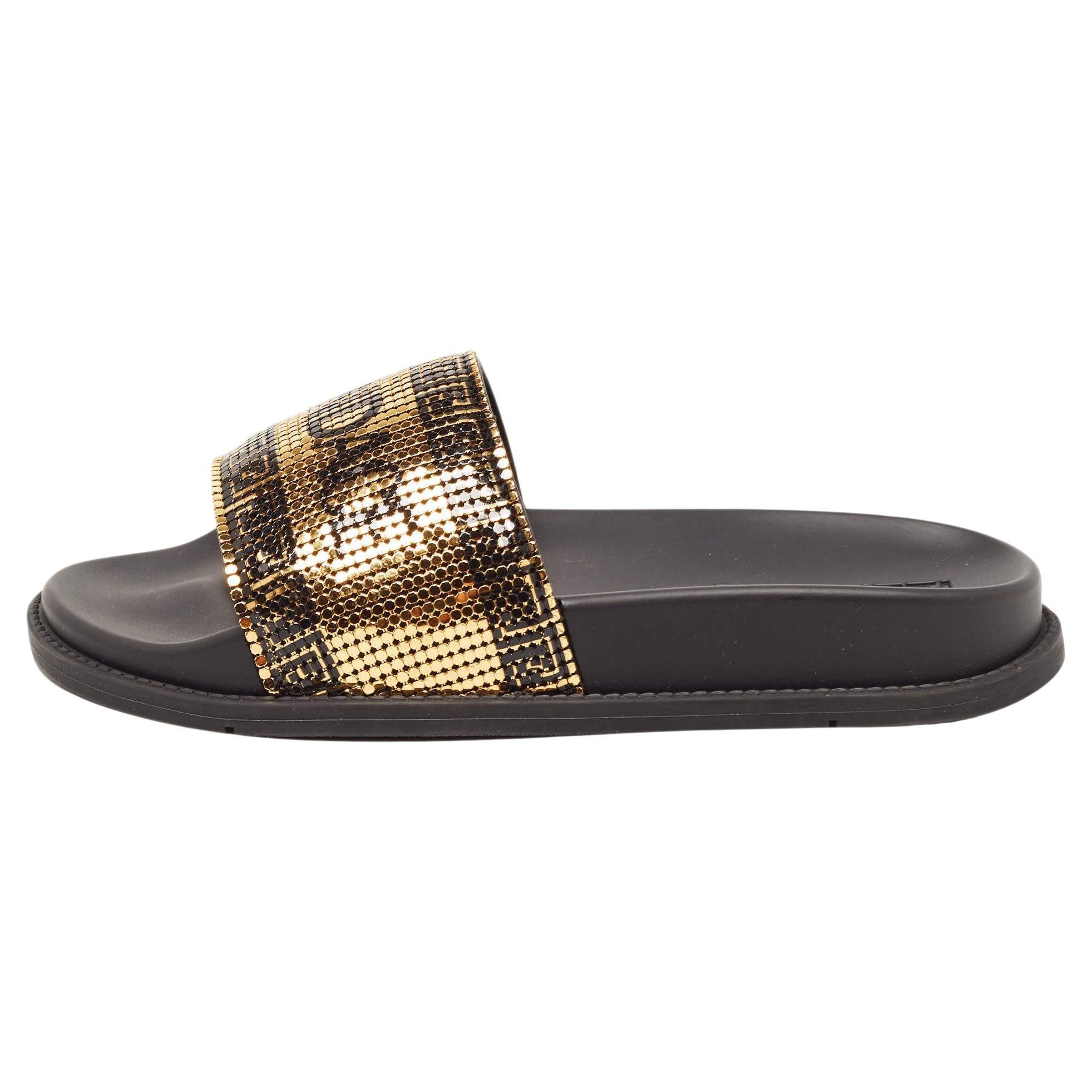 Fendi x Versace Gold/Black Metal and Rubber Flat Slides Size 36 For Sale