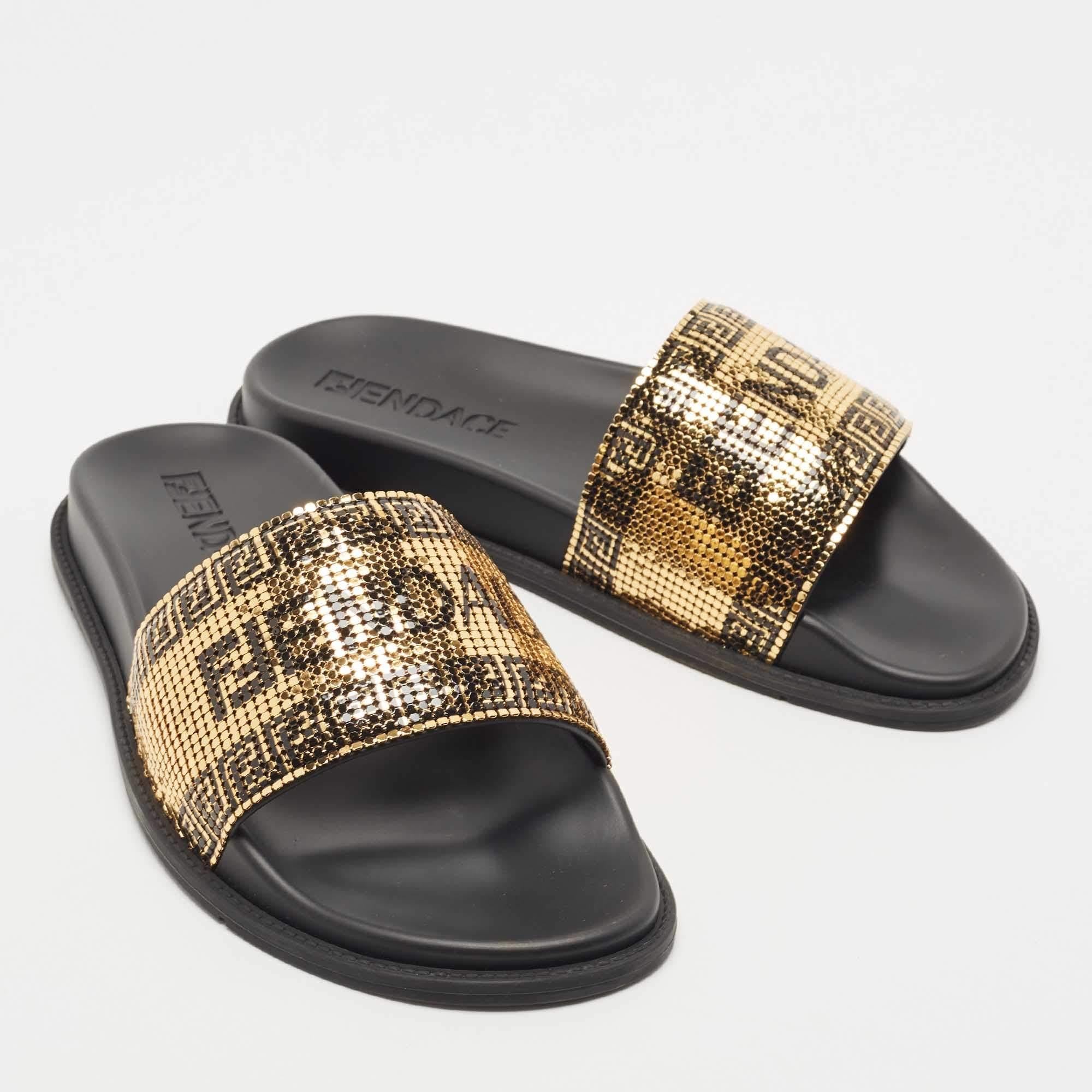 Men's Fendi x Versace Gold Metal and Leather Flat Slides Size 40