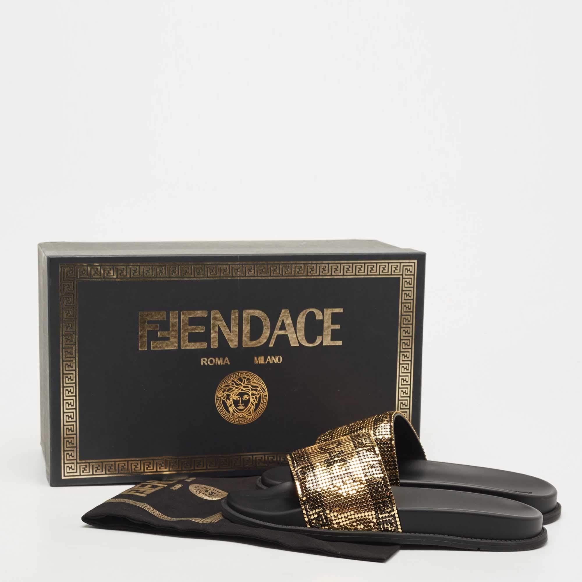 Fendi x Versace Gold Metal and Leather Flat Slides Size 40 3