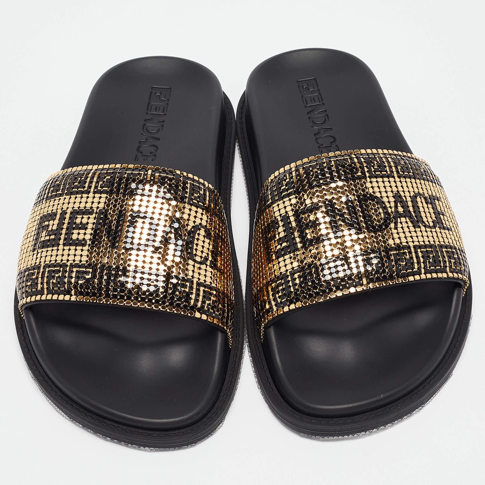 Black Fendi X Versace Gold Metal and Rubber Flat Slides Size 35