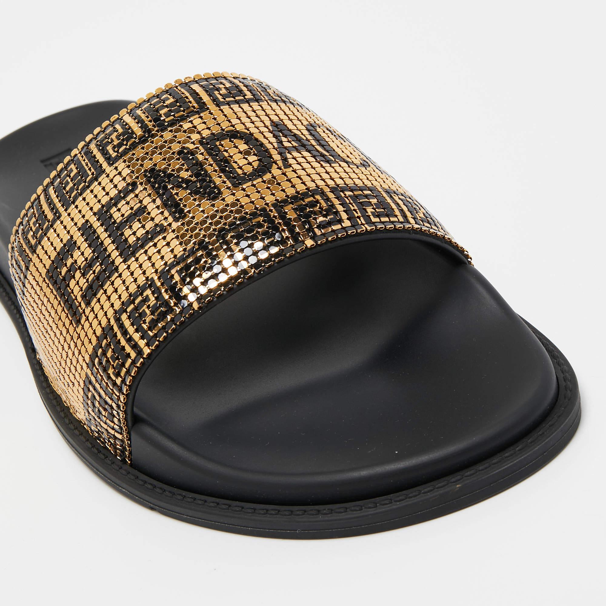 Fendi X Versace Gold Metal and Rubber Flat Slides Size 43 1