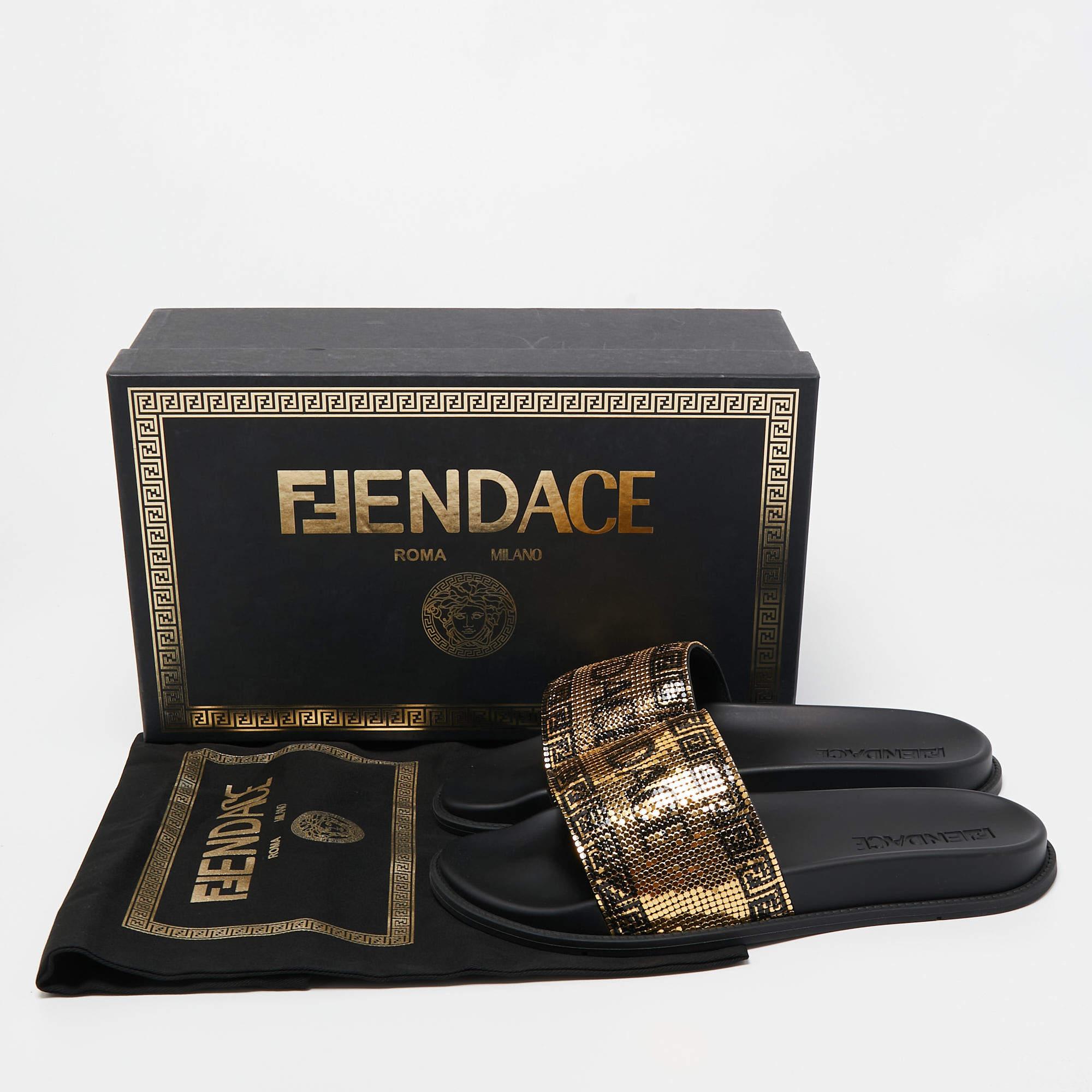 Fendi X Versace Gold Metal and Rubber Flat Slides Size 43 2