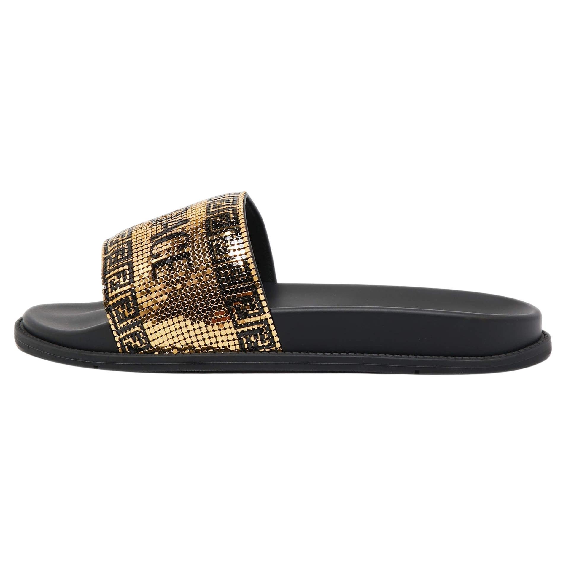 Fendi X Versace Gold Metal and Rubber Flat Slides Size 43