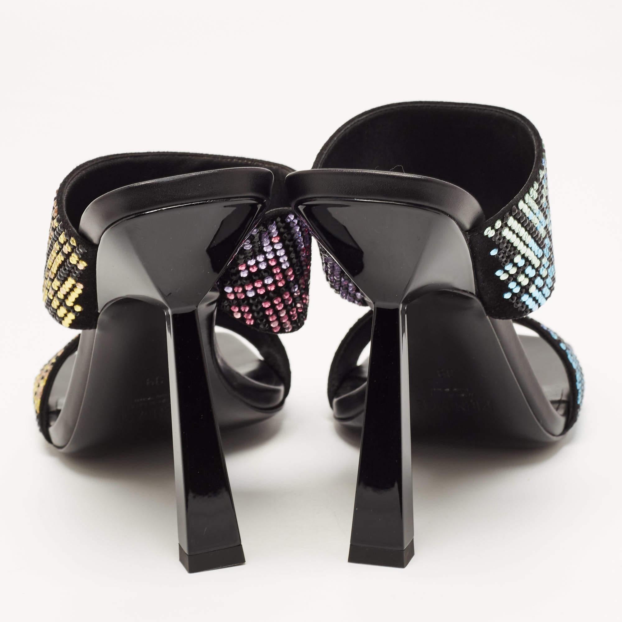 Fendi x Versace Multicolor Leather Crystal Embellished Slides Size 39 2