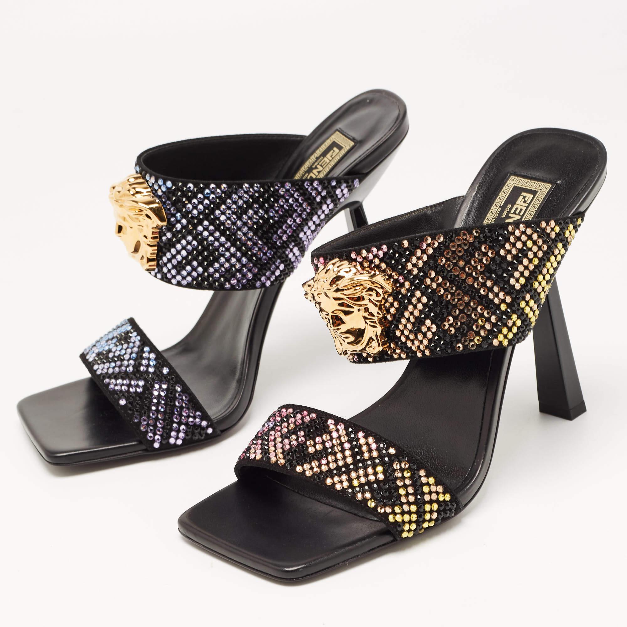Fendi x Versace Multicolor Leather Crystal Embellished Slides Size 39 4