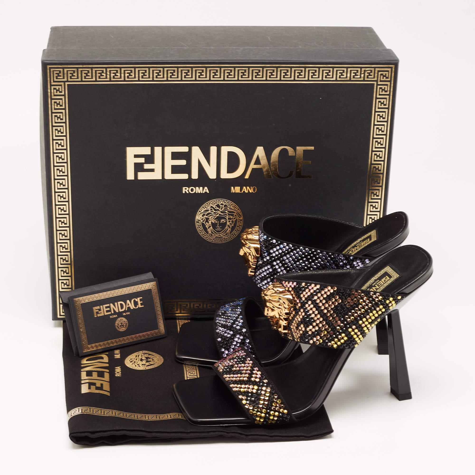 Fendi x Versace Multicolor Leather Crystal Embellished Slides Size 39 5
