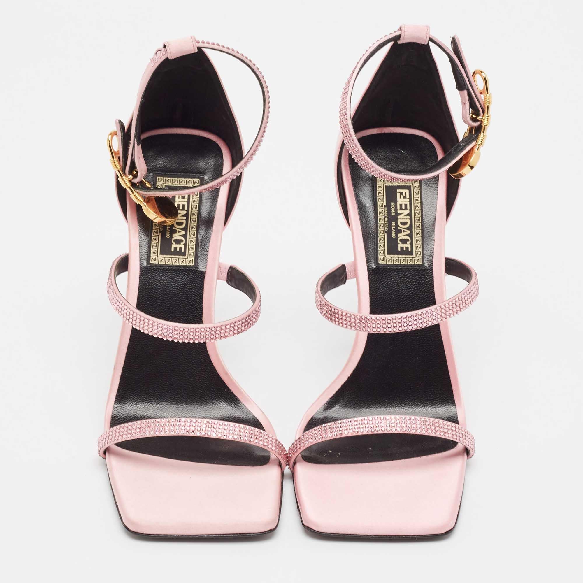 Beige Fendi x Versace Pink Satin Crystal Embellished Ankle Strap Sandals Size 37 For Sale