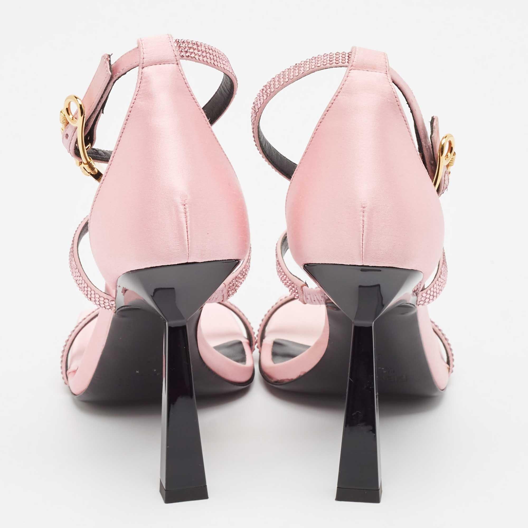 Women's Fendi x Versace Pink Satin Crystal Embellished Ankle Strap Sandals Size 37 For Sale