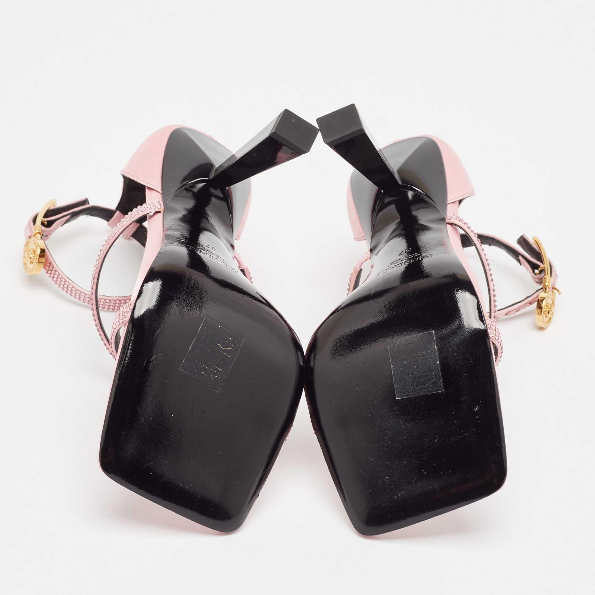 Fendi x Versace Pink Satin Crystal Embellished Ankle Strap Sandals Size 37 For Sale 1