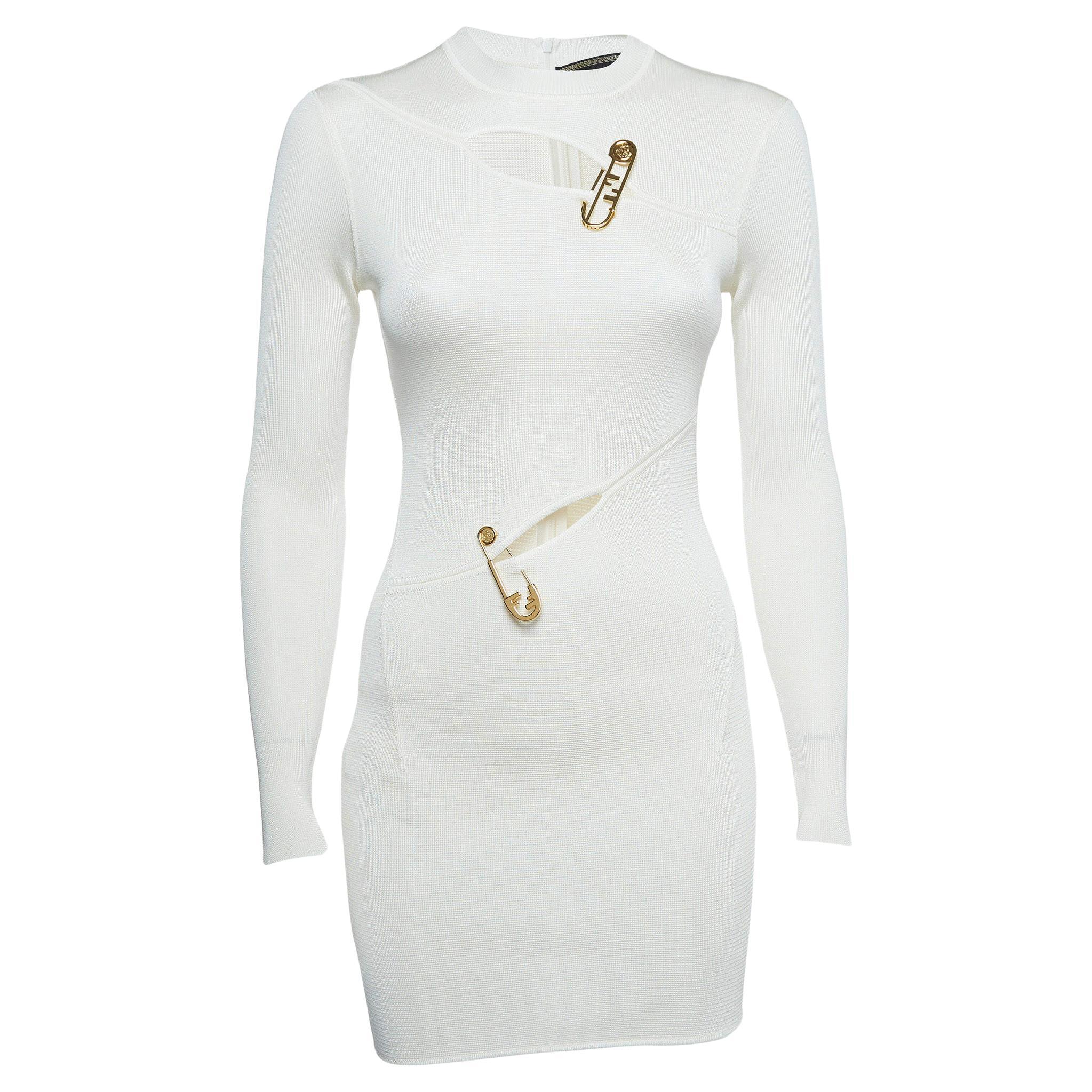 Fendi x Versace White Knit Pin Detail Cutout Mini Dress XS For Sale