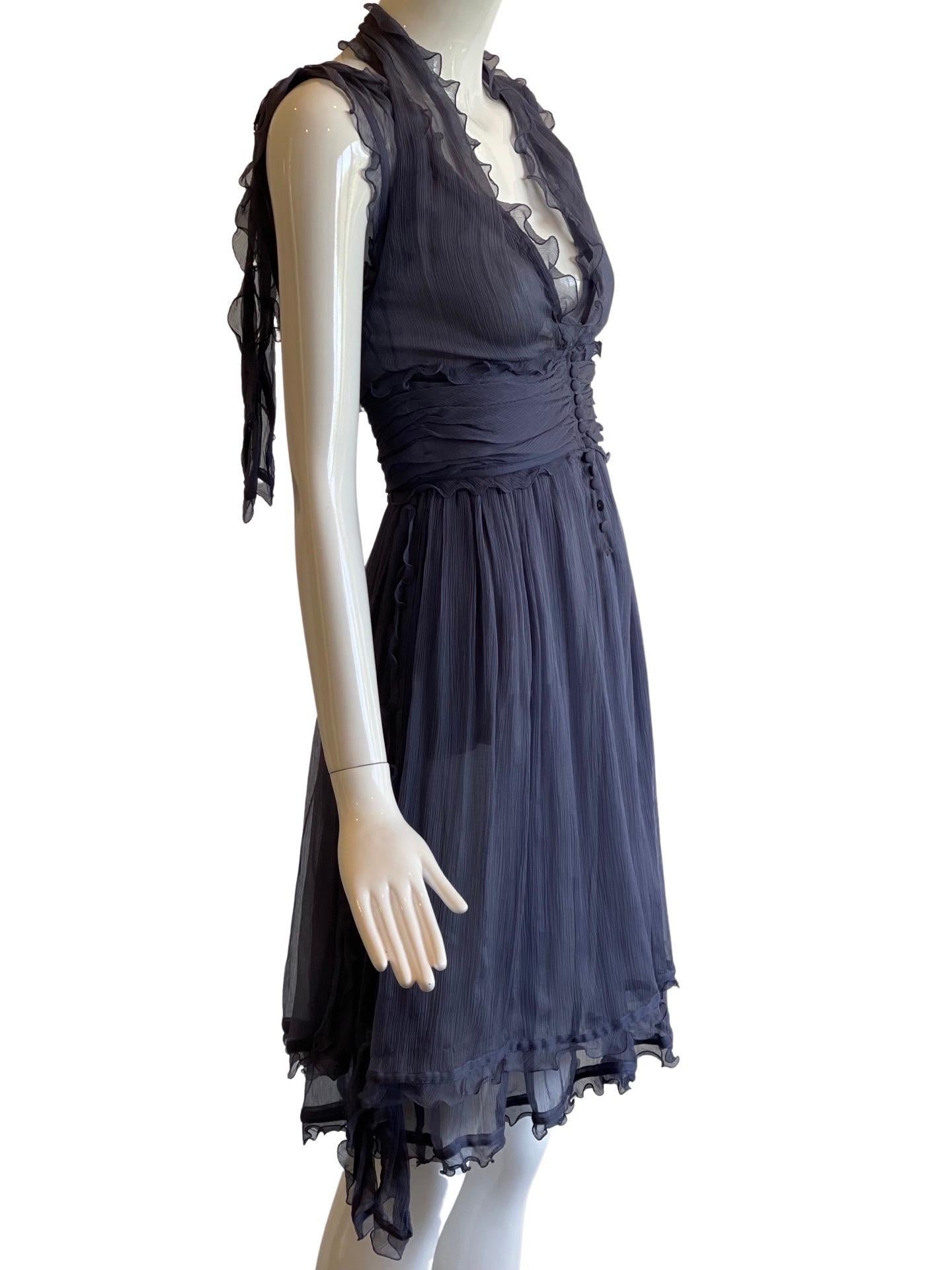 Stunning 00's or Y2K textured silk chiffon Fendi dress in a in a beautiful deep periwinkle colors.  Multiple layers of light fabric with ruffle detailing and loose straps of ruffled fabric cascading from the shoulders and some from the waist.  This