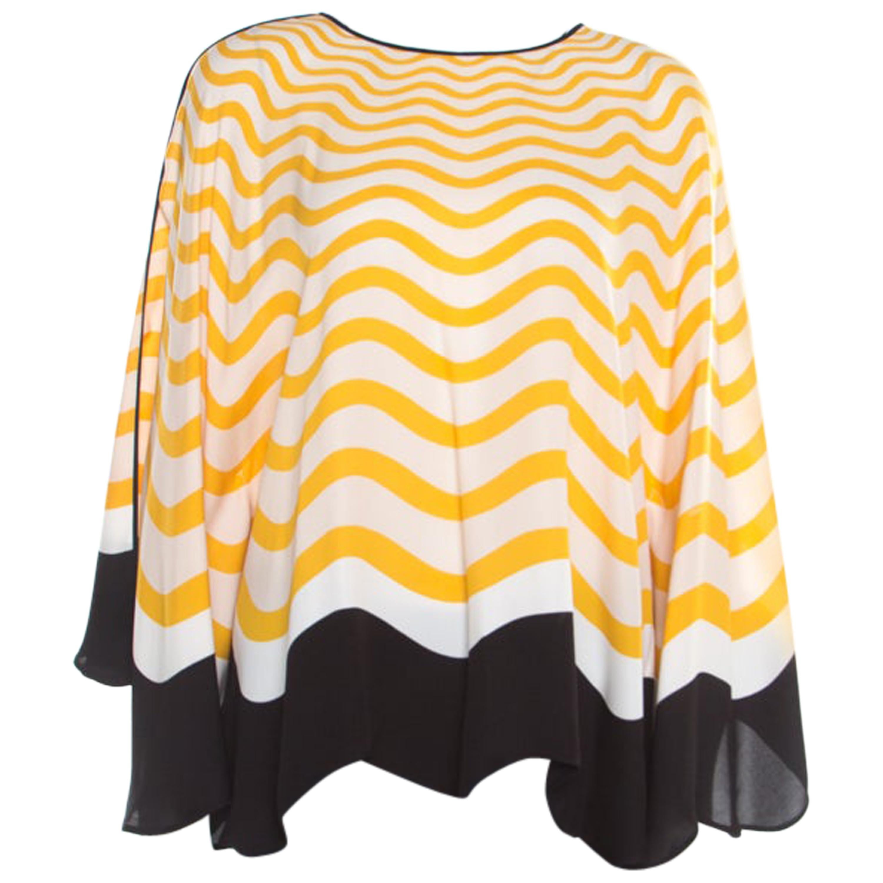 Fendi Yellow and Off White Wave Printed Silk Bow Trim Detail Kaftan Top M For Sale