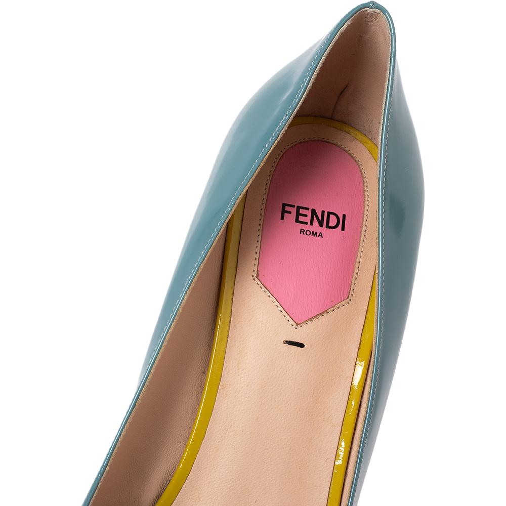 Fendi Yellow/Blue Patent Leather Eloise Block Heel Pumps Size 41 In Good Condition In Dubai, Al Qouz 2