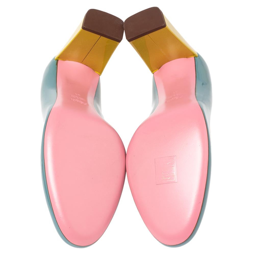 Women's Fendi Yellow/Blue Patent Leather Eloise Block Heel Pumps Size 41