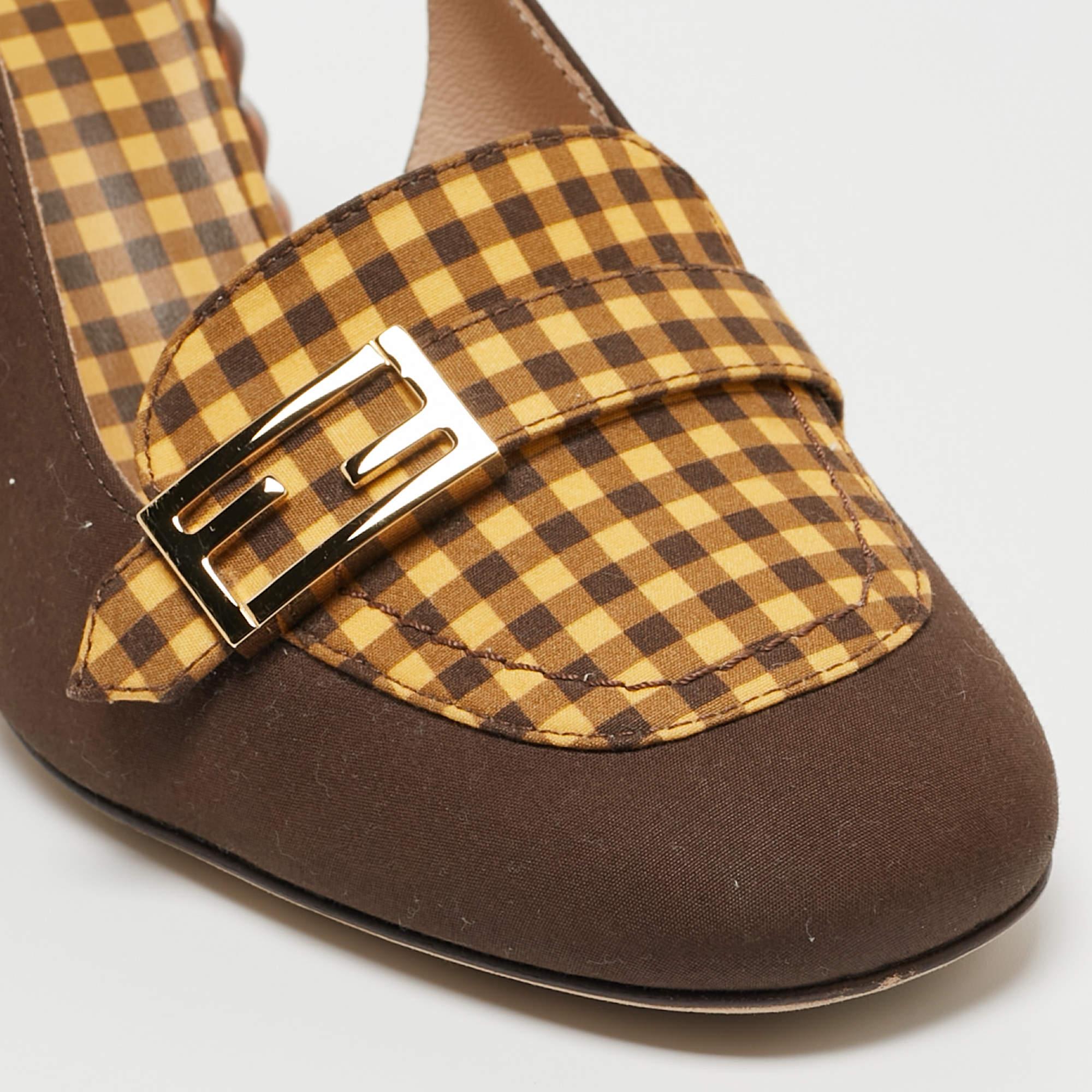 Women's Fendi Yellow/Brown Checkered Fabric Promenade Slingback Loafer Pumps Size 36 For Sale