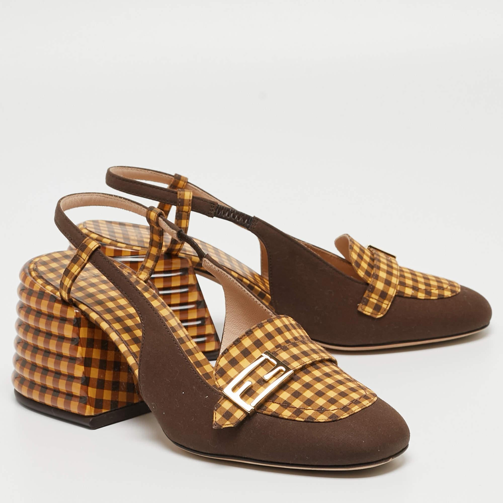Fendi Yellow/Brown Checkered Fabric Promenade Slingback Loafer Pumps Size 36 For Sale 3
