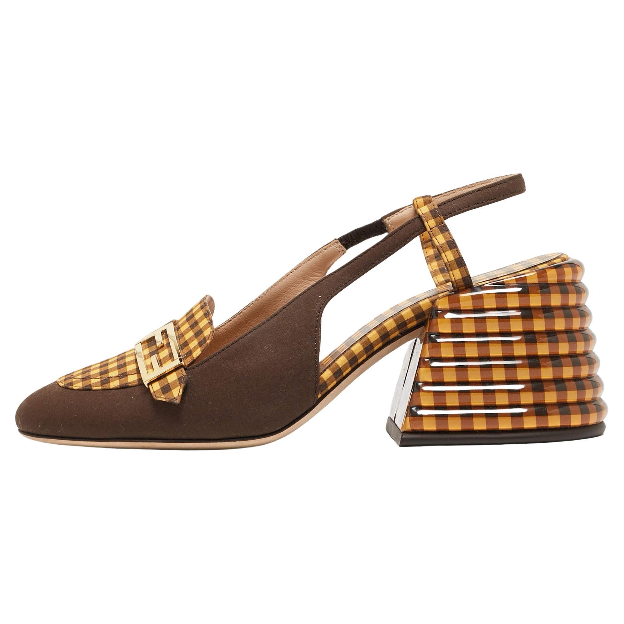 Fendi Yellow/Brown Checkered Fabric Promenade Slingback Loafer Pumps Size 36 For Sale