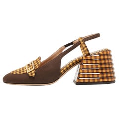 Fendi Yellow/Brown Checkered Fabric Promenade Slingback Loafer Pumps Size 36