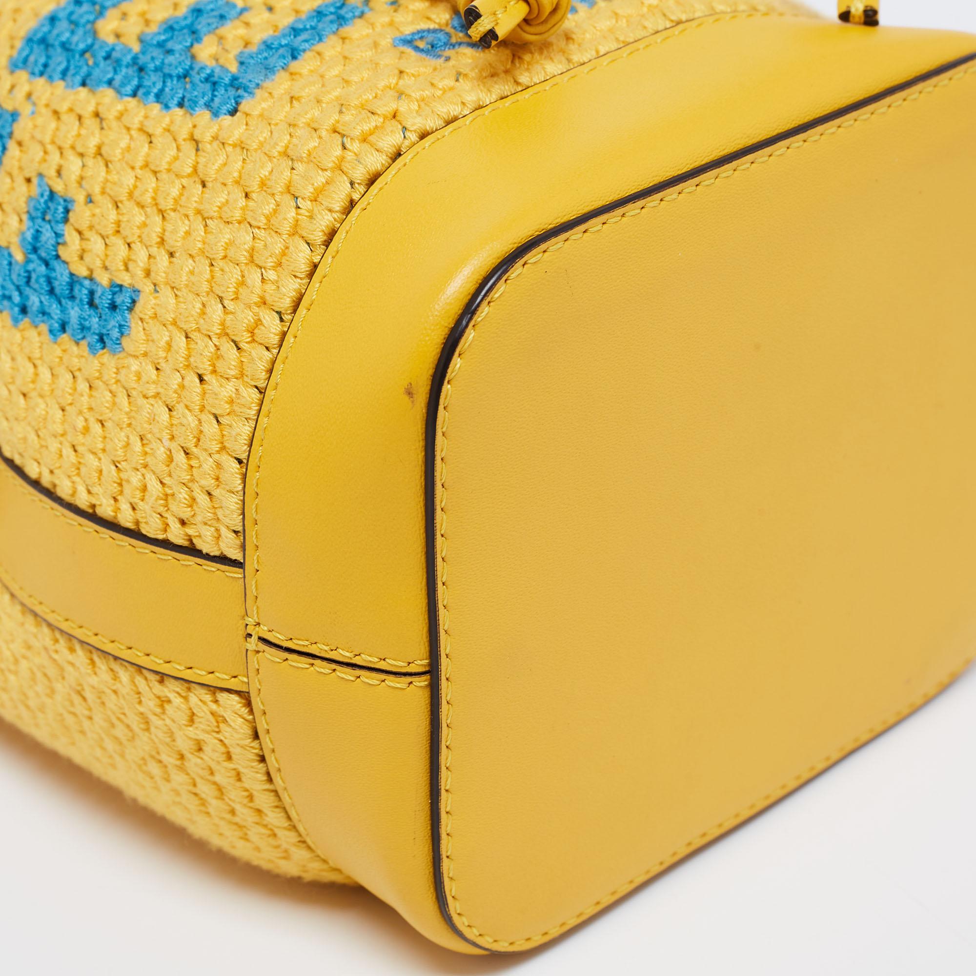 Fendi Yellow Crochet and Leather Mini Mon Tresor Drawstring Bucket Bag 3