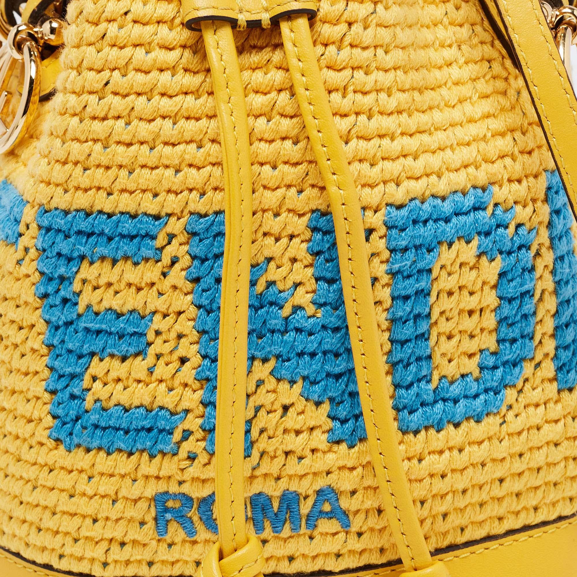 Fendi Yellow Crochet and Leather Mini Mon Tresor Drawstring Bucket Bag 4