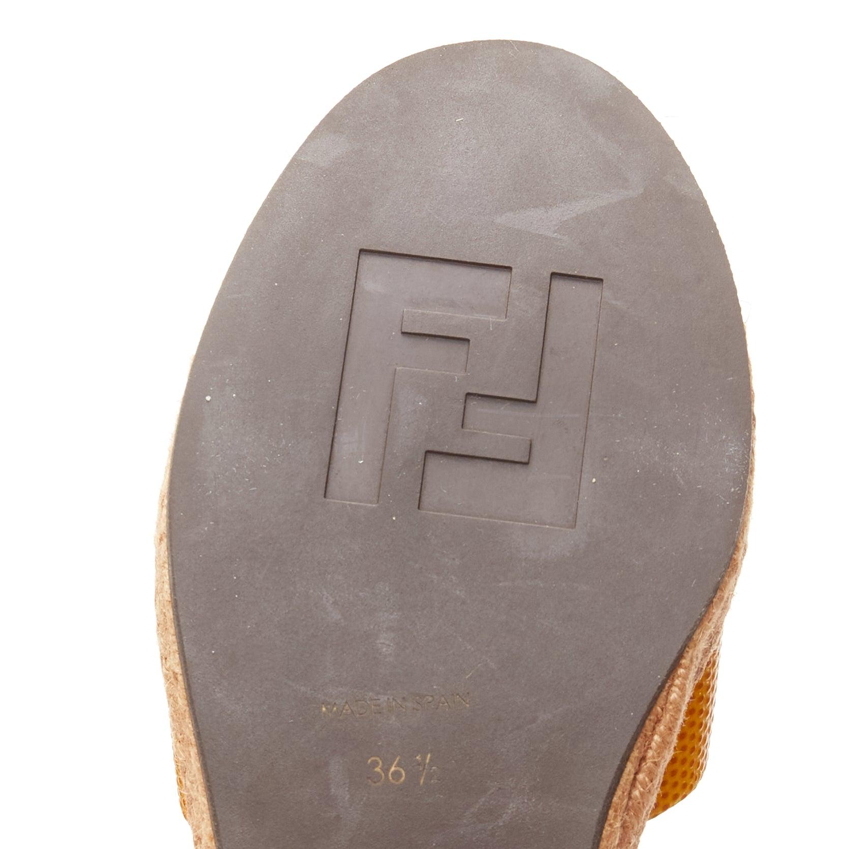 FENDI yellow embossed leather cross strap patent ankle strap jute sandal EU36.5 For Sale 7