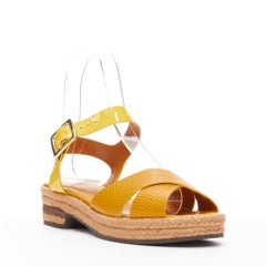 FENDI yellow embossed leather cross strap patent ankle strap jute sandal EU36.5