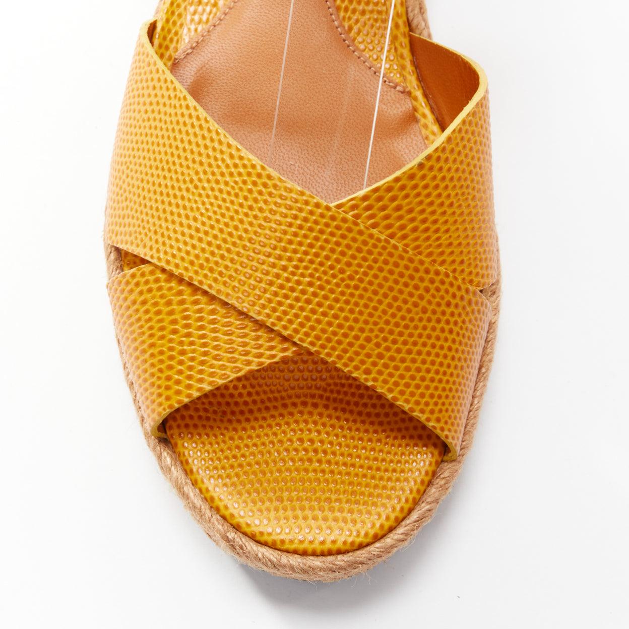FENDI yellow embossed leather cross strap patent ankle strap jute sandal EU36.5 For Sale 2