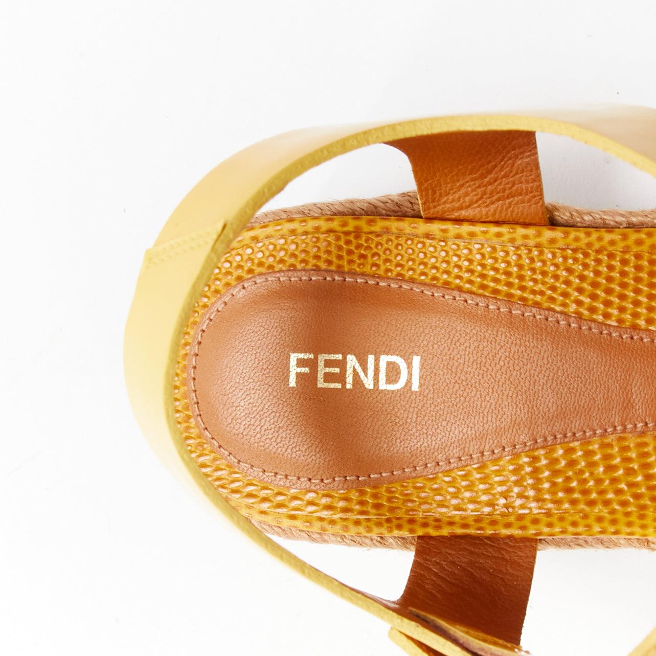 FENDI yellow embossed leather cross strap patent ankle strap jute sandal EU36.5 For Sale 5