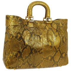 Fendi Yellow Gold Silver Snakeskin Exotic Leather Carryall Top Handle Tote Bag
