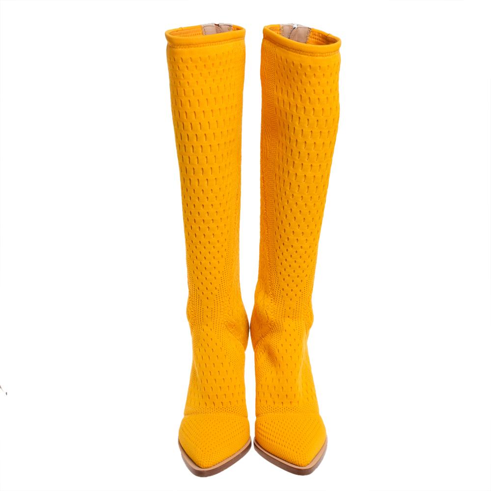 Fendi Yellow Jacquard And Leather FFrame Pointed Toe Knee Length Boots Size  39 at 1stDibs