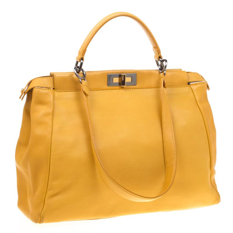 Women's Fendi Yellow Leather and Calfhair Lining Large Peekaboo Top Handle Bag