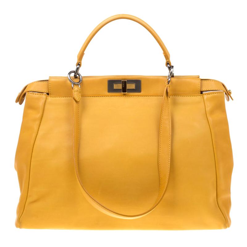 Fendi Yellow Leather and Calfhair Lining Large Peekaboo Top Handle Bag