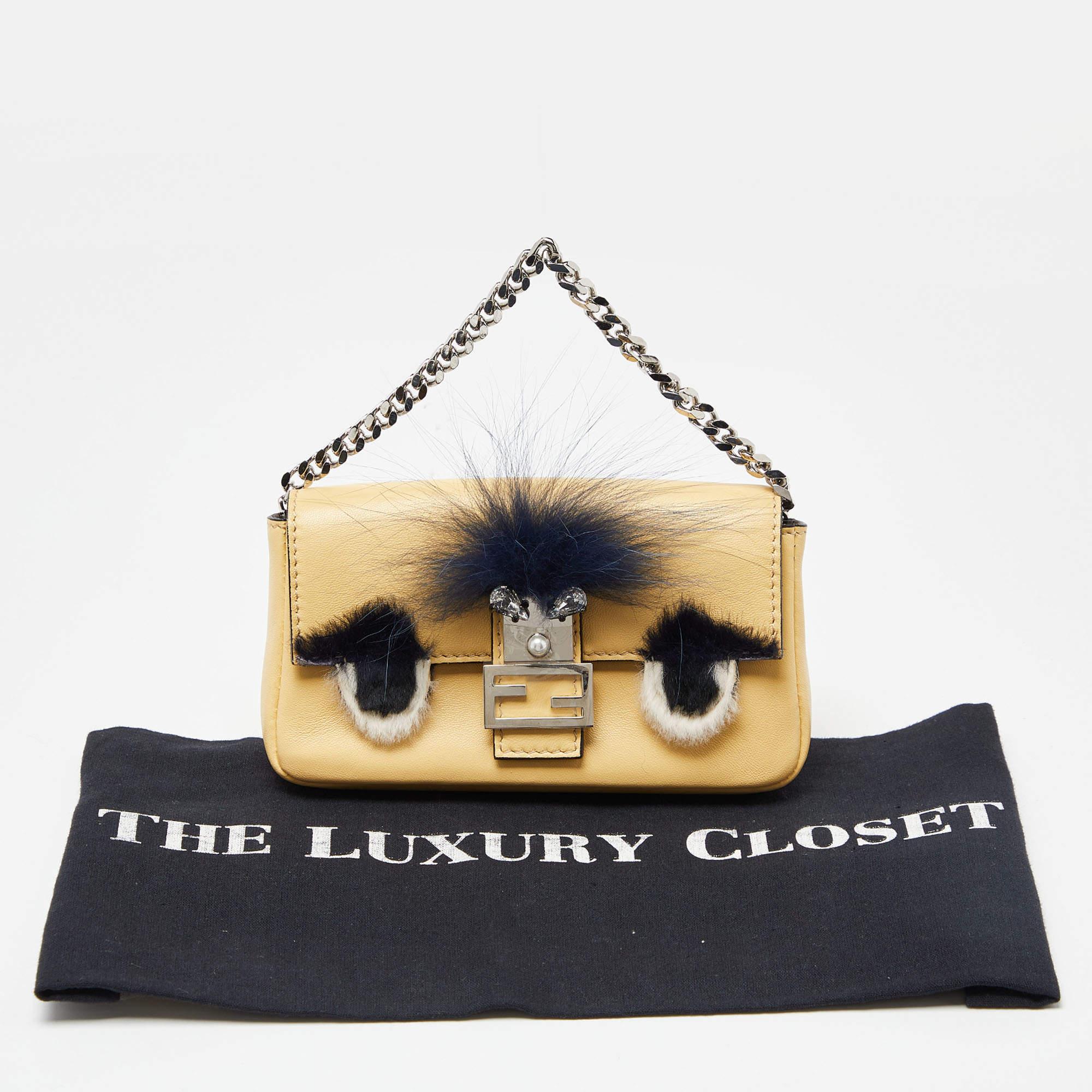 Fendi Yellow Leather and Fur Micro Monster Baguette Bag For Sale 7