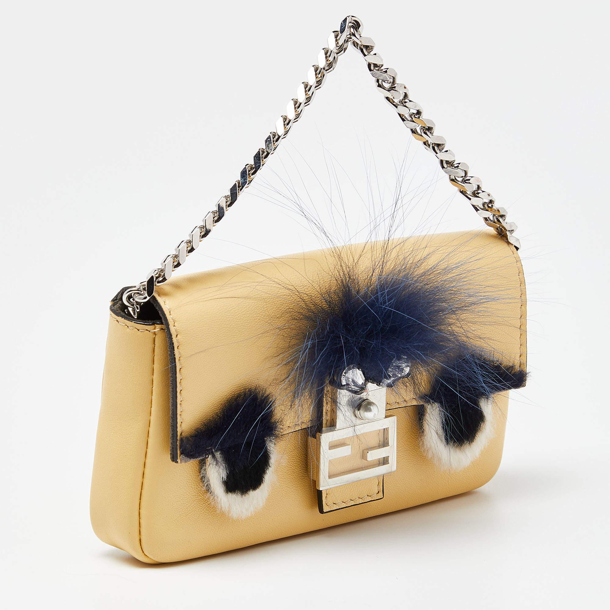 Beige Fendi Yellow Leather and Fur Micro Monster Baguette Bag