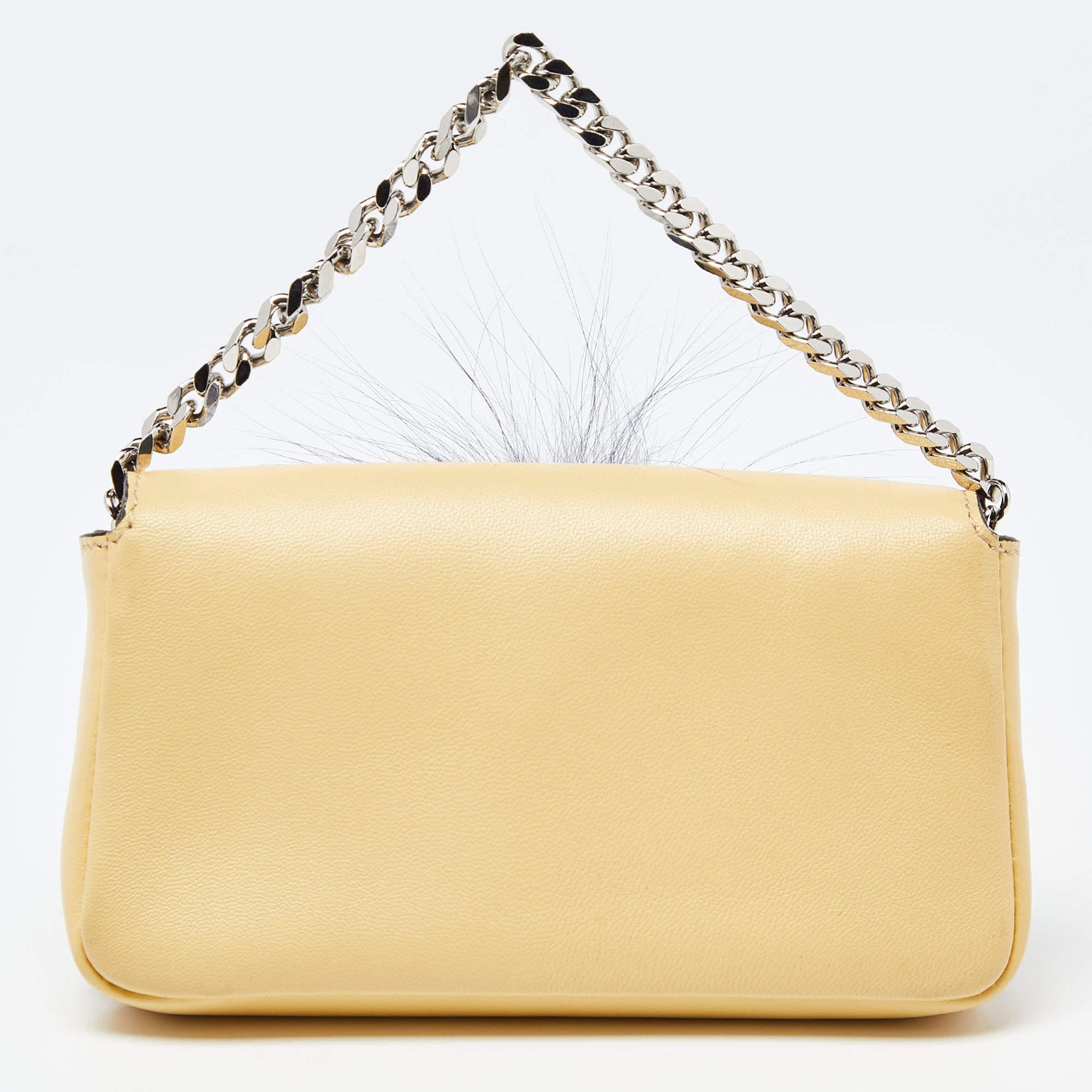 Fendi Yellow Leather and Fur Micro Monster Baguette Bag In Good Condition For Sale In Dubai, Al Qouz 2