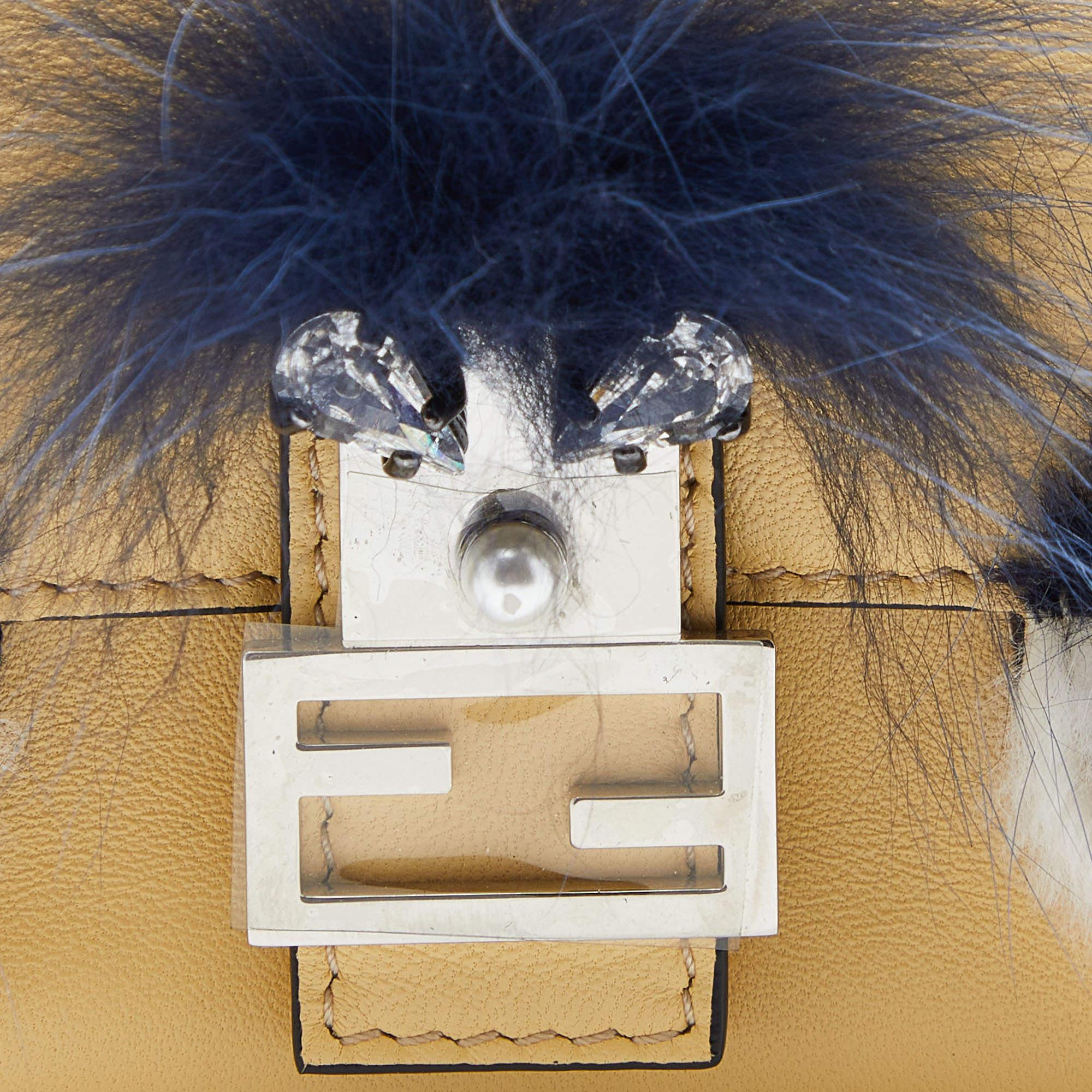Men's Fendi Yellow Leather and Fur Micro Monster Baguette Bag For Sale