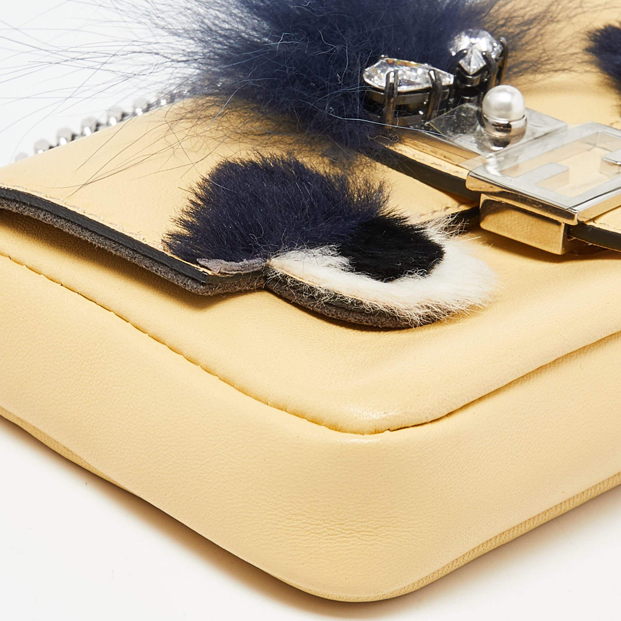 Fendi Yellow Leather and Fur Micro Monster Baguette Bag For Sale 2