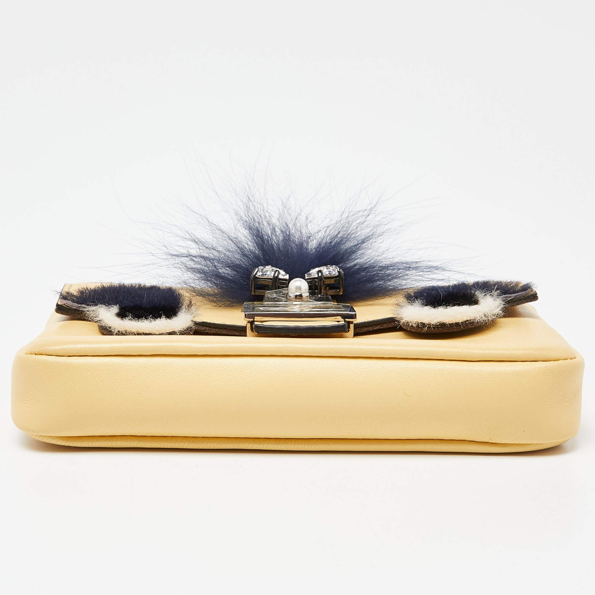 Fendi Yellow Leather and Fur Micro Monster Baguette Bag For Sale 3