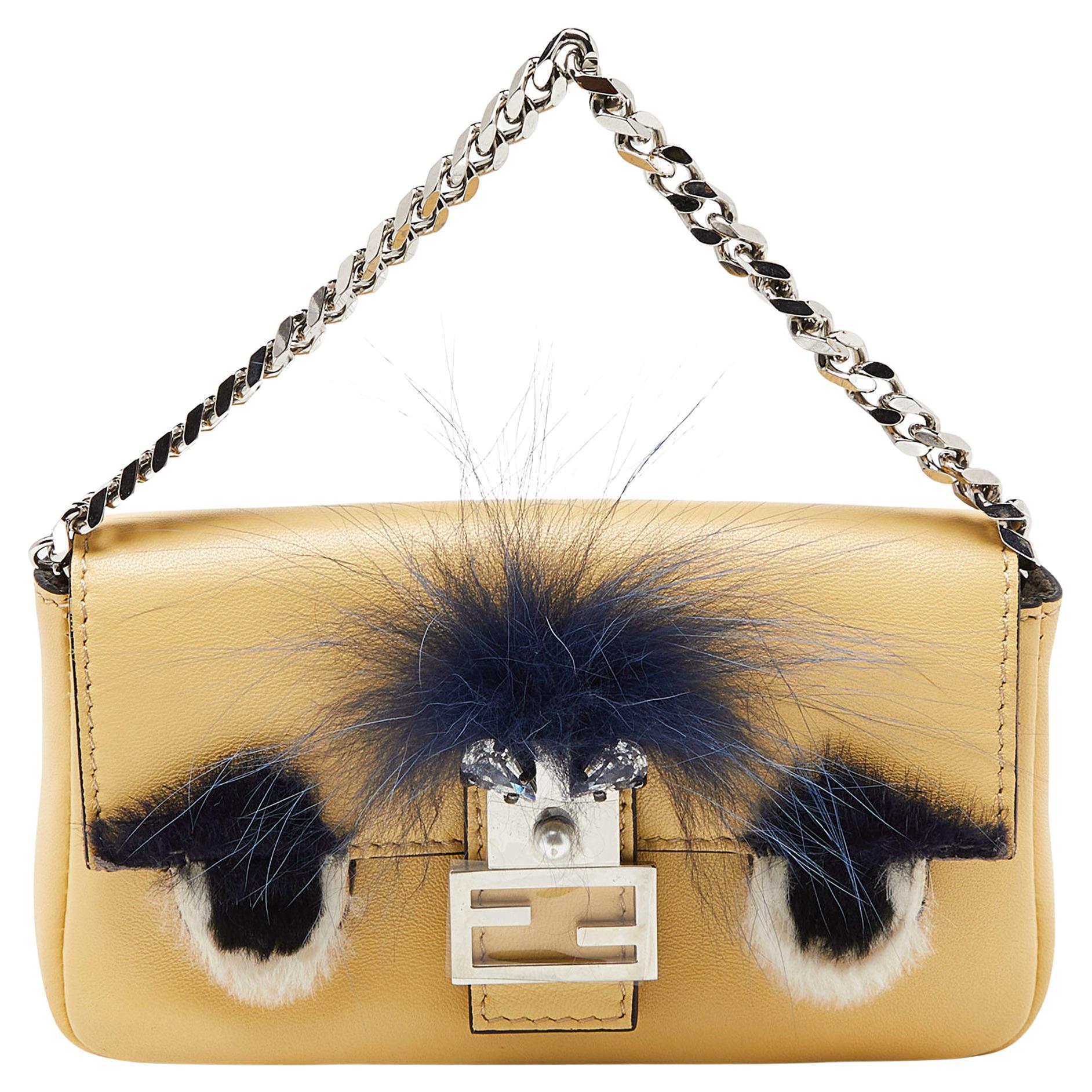 Fendi Yellow Leather and Fur Micro Monster Baguette Bag For Sale