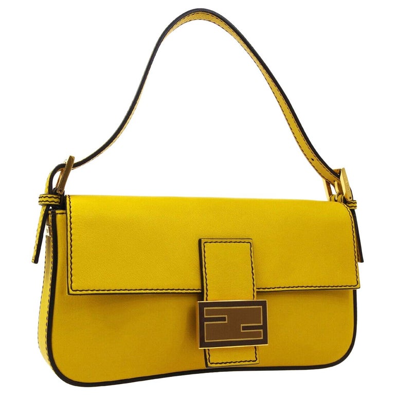Fendi Yellow Leather Gold Logo Top Handle Shoulder Pochette Flap Bag at ...