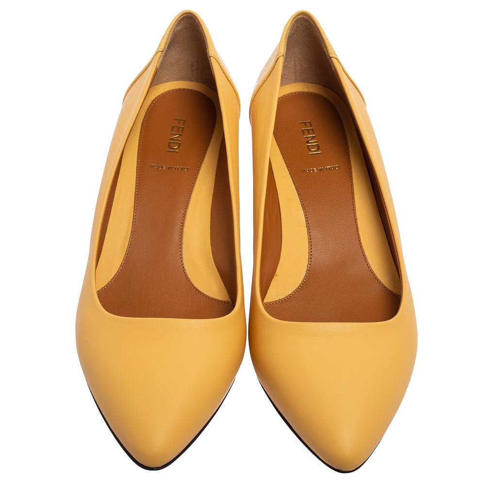 Fendi Yellow Leather Pointed-Toe Wedge Pumps Size 38 2