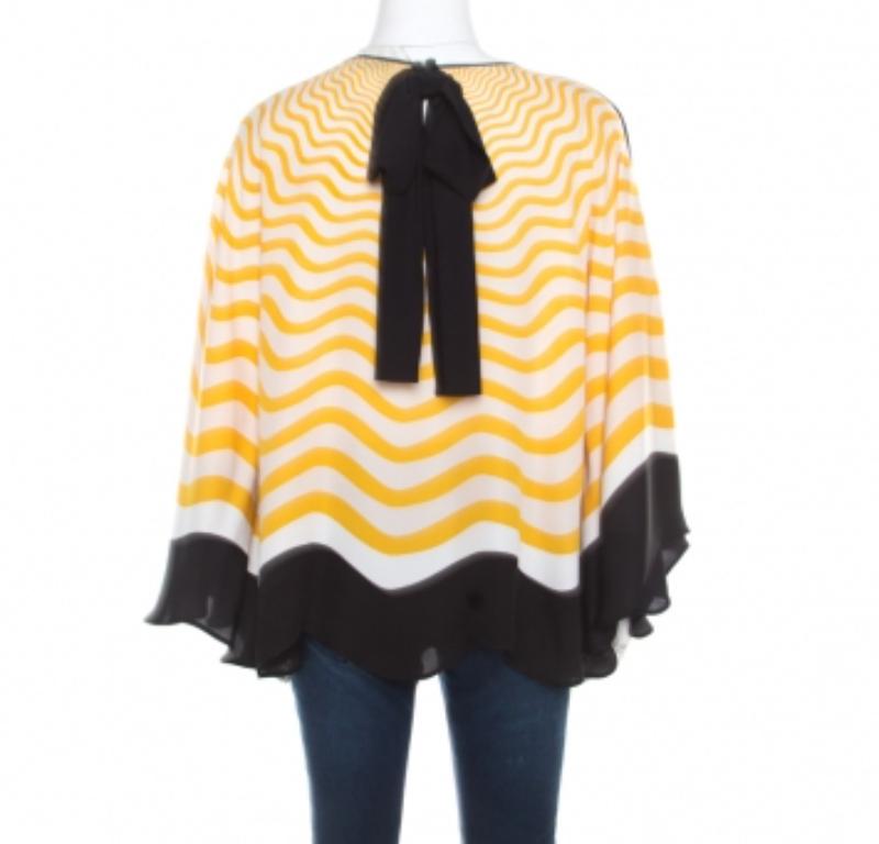 Fendi Gelb Off White Wave Printed Silk Contrast Bow Trim Detail Kaftan Top M (Orange) im Angebot