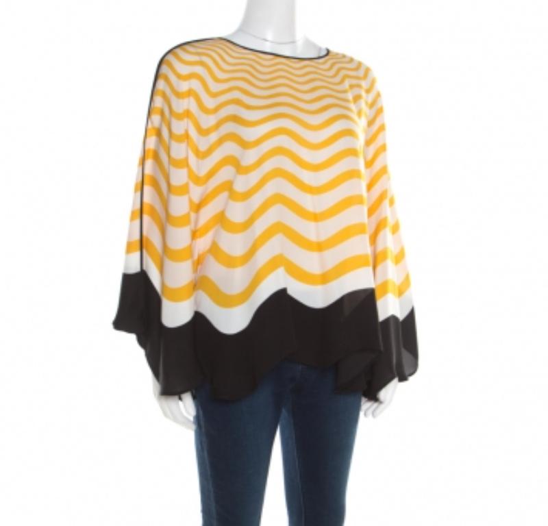 Fendi Gelb Off White Wave Printed Silk Contrast Bow Trim Detail Kaftan Top M im Angebot 1